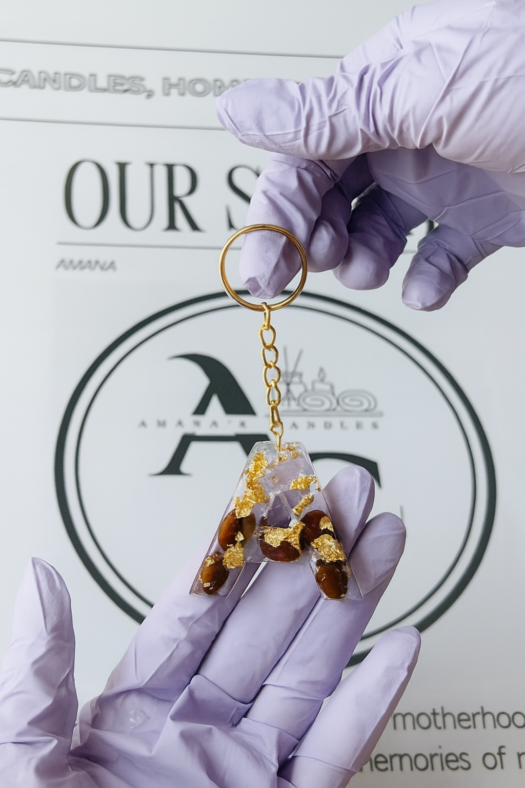 Gold Flake & Coffee Bean Resin Initial Keychain (A–Z)