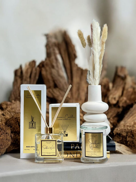 Saffron Woods Reed Diffuser + Candle Gift Set