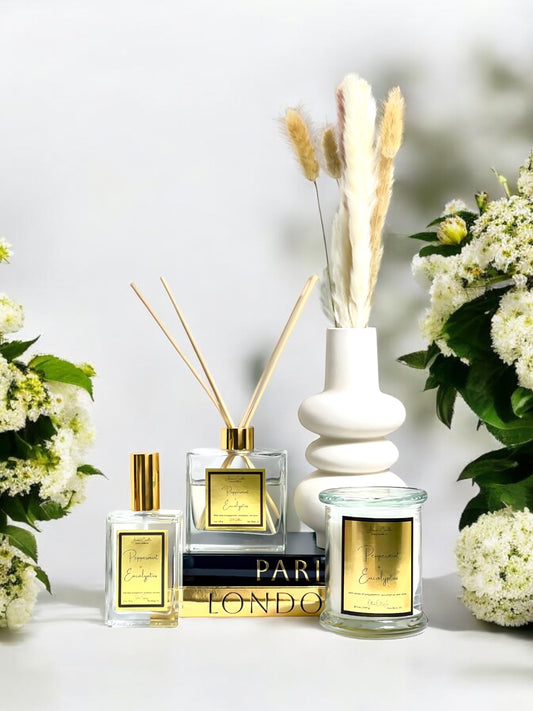 Peppermint + Eucalyptus Reed Diffuser, Room Spray, + Candle Gift Set