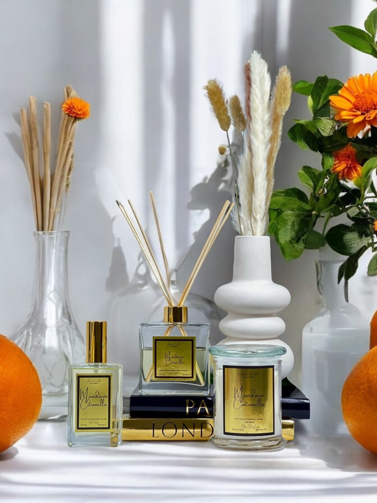 Mandarin Citronella Room Spray, Reed Diffuser, + Candle Gift Set